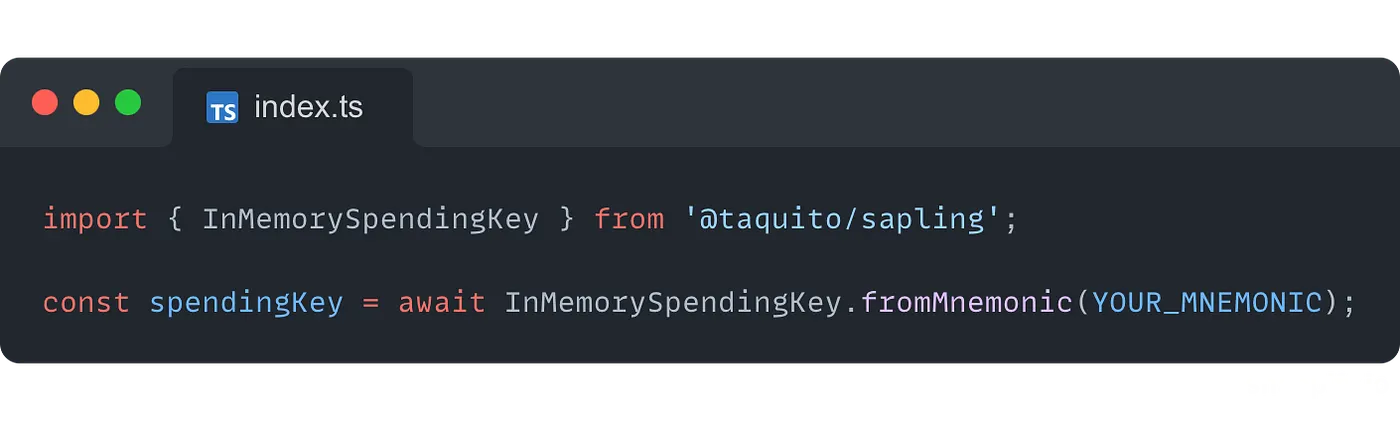 The InMemorySpendingKey with the mnemonic